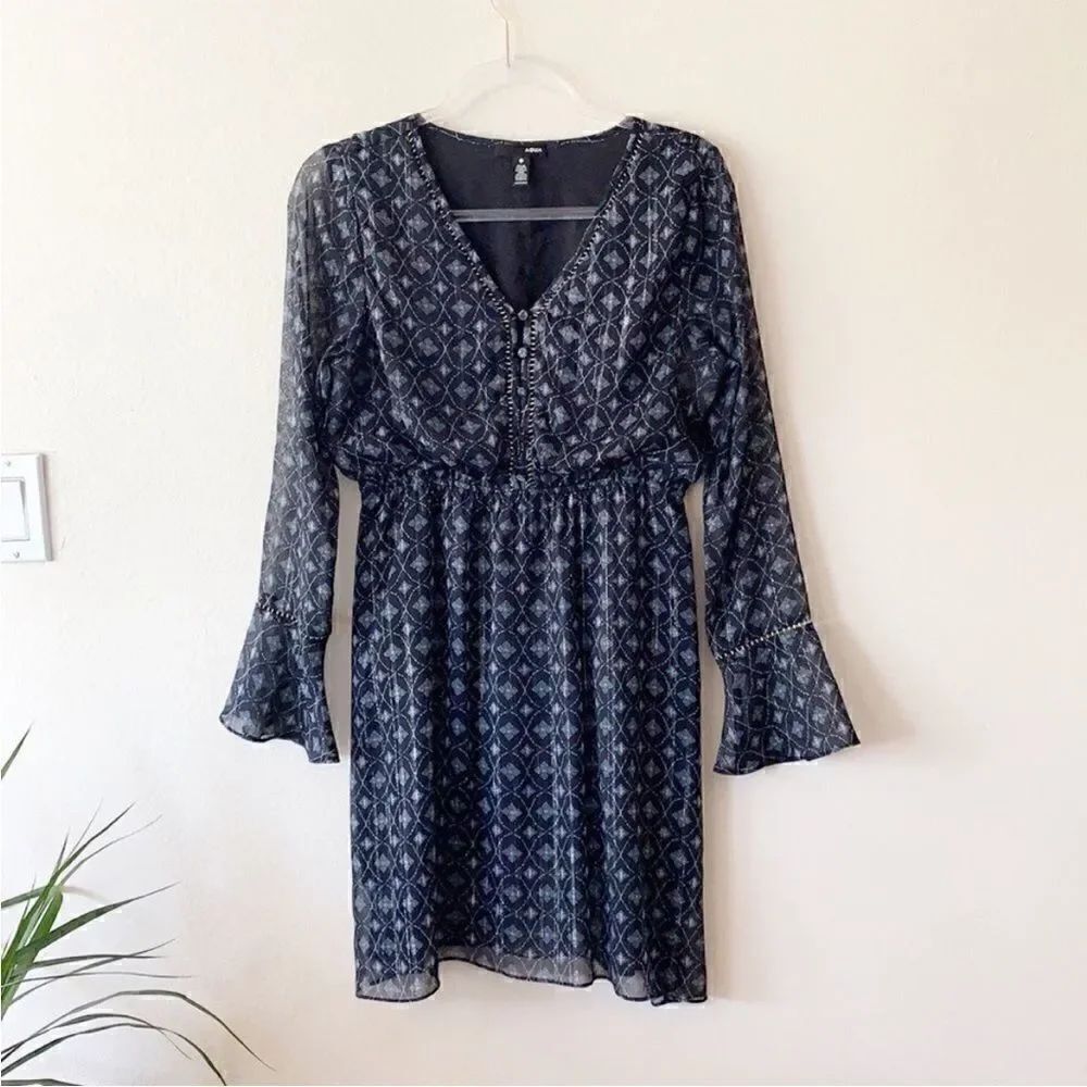 AQUA Button Down Pattern Long Sleeve Dress